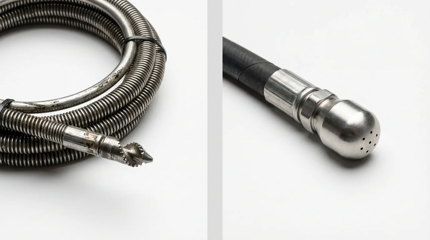 Drain snake cable and hydro jetting nozzle used for drain cleaning in Poseyville, IN