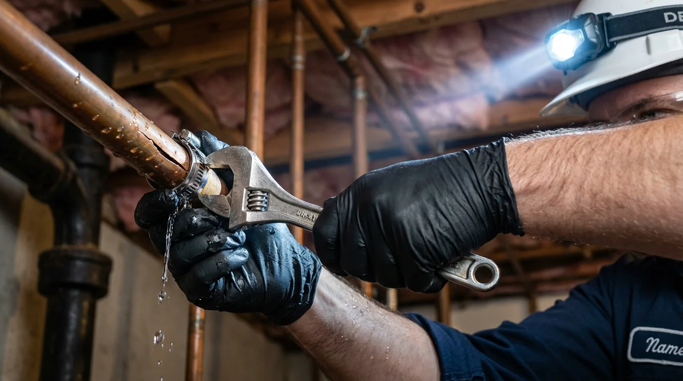 Emergency pipe clamp repair being performed by a Johns Plumbing LLC plumber in Poseyville