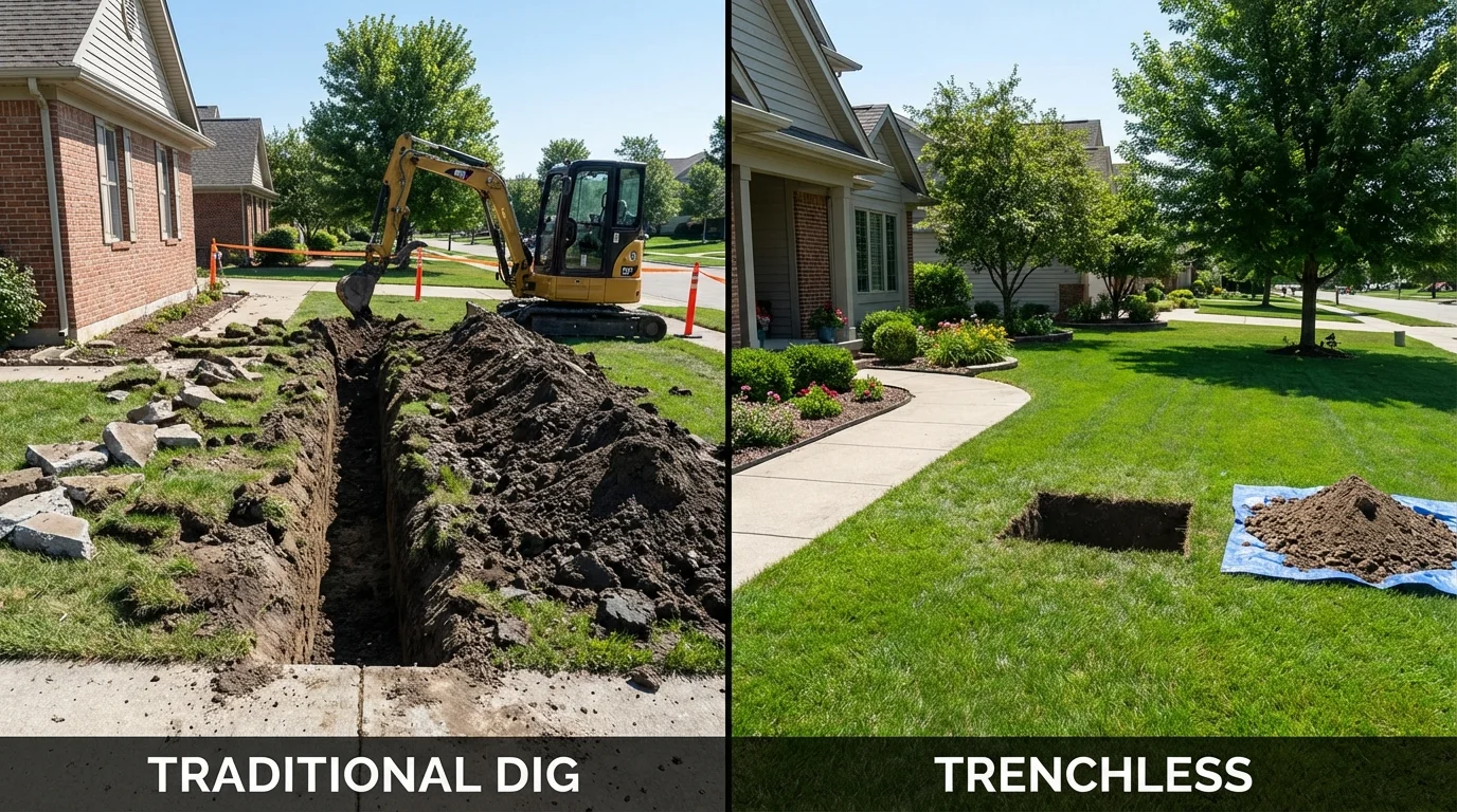 Trenchless sewer repair with minimal yard damage versus traditional excavation in Poseyville, IN