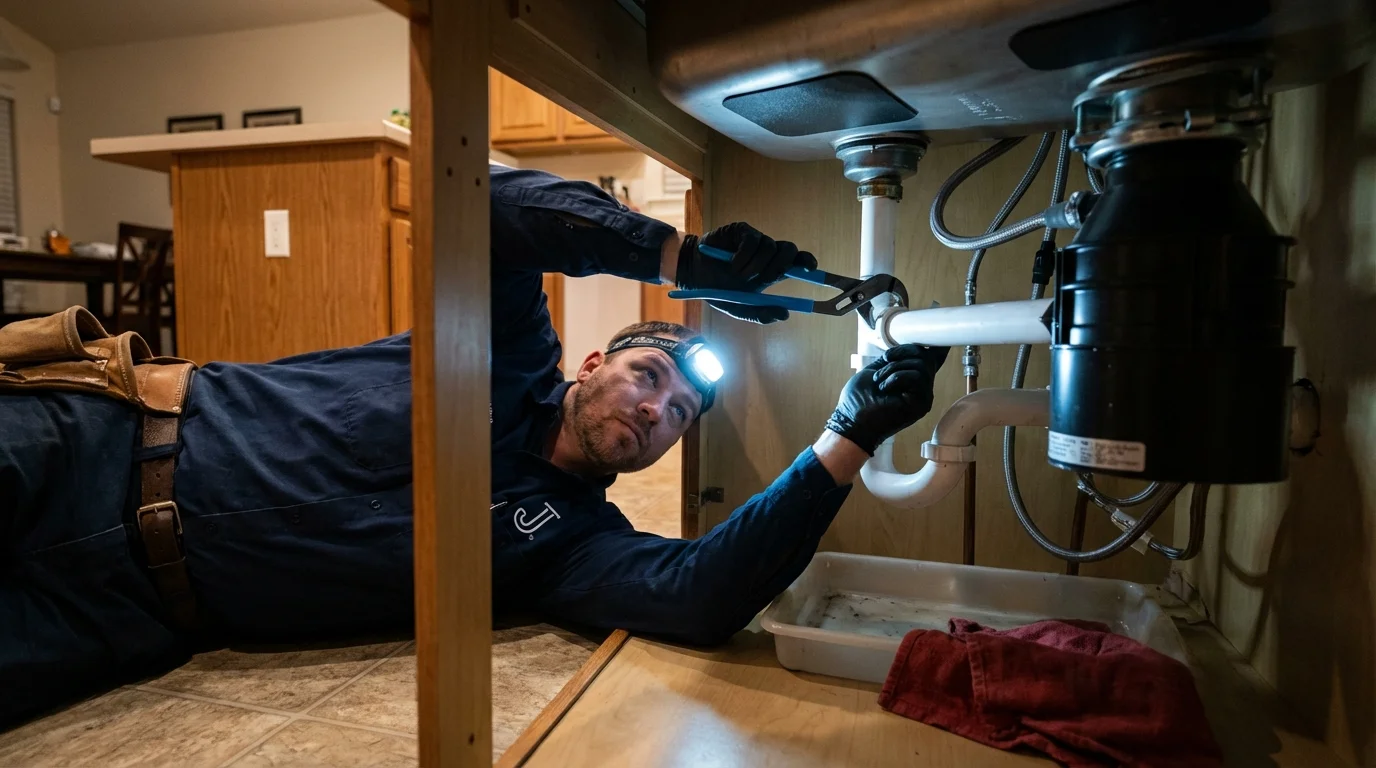 P-trap and supply line connections under a kitchen sink showing a common leak point in Poseyville, IN
